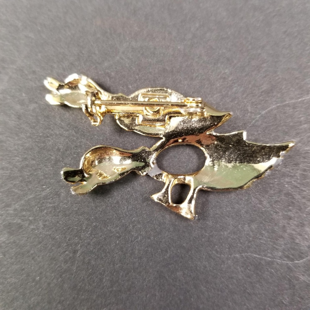 Vintage Gold Tone Double Duck Brooch Green Eye AB Crystal Rhinestone‎ Bird Pin - Picture 4 of 5